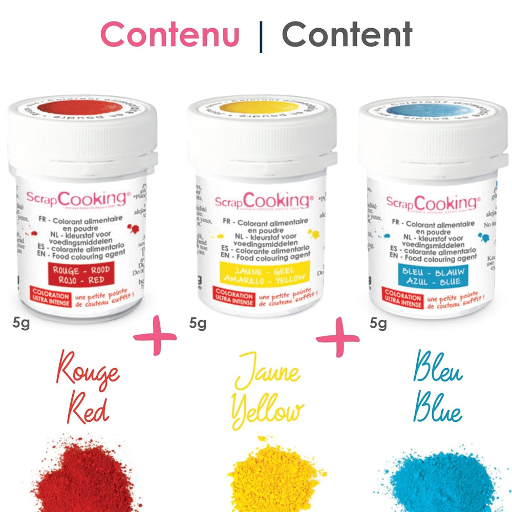 Scrapcooking - Lot de 3 Colorants Alimentaires en Poudre - Rouge Jaune Bleu - Colorant Alimentaire pour Pâtisserie, Gâteaux, Biscuits, Pâte, Fondant, Rainbow Cake - 4011