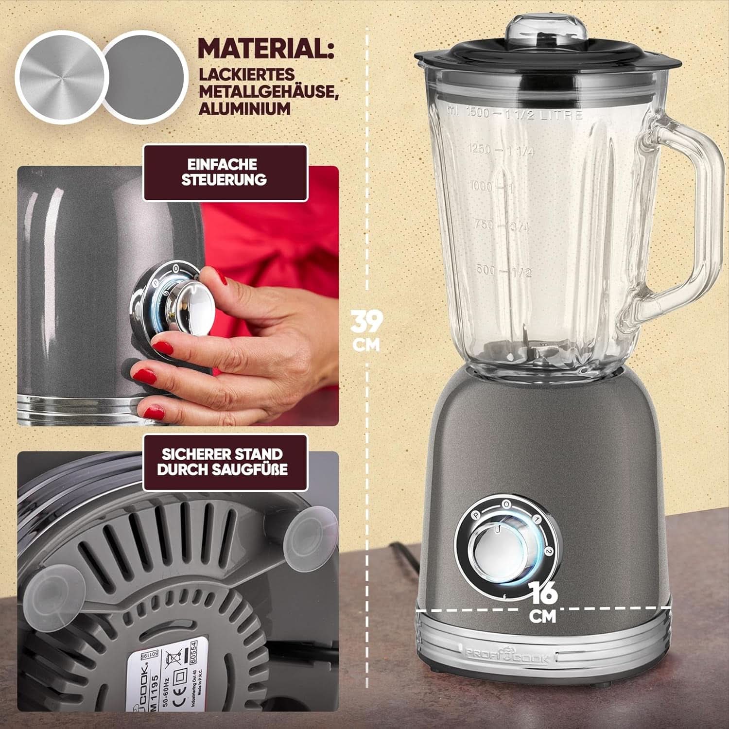 Proficook® Mixer Standmixer Mit Massivem 1,5L Glas-Behälter, Ice Crush & Turbo-Modus - Blender Mit 4Fach Piranha-Messer Aus Edelstahl - Hochleistungsmixer Mit Metallgehäuse 800W, PC UM 1195 Anthrazit Mama si Copilul Naty Shop