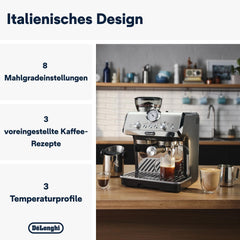 De'Longhi La Specialista Arte EC9155.MB Machine à expresso porte-filtre avec moulin, 8 niveaux de mouture, pression 15 bars, 3 niveaux de température, mousseur à lait, 1550 W, réservoir 1,7 L, acier inoxydable/noir, kit barista inclus