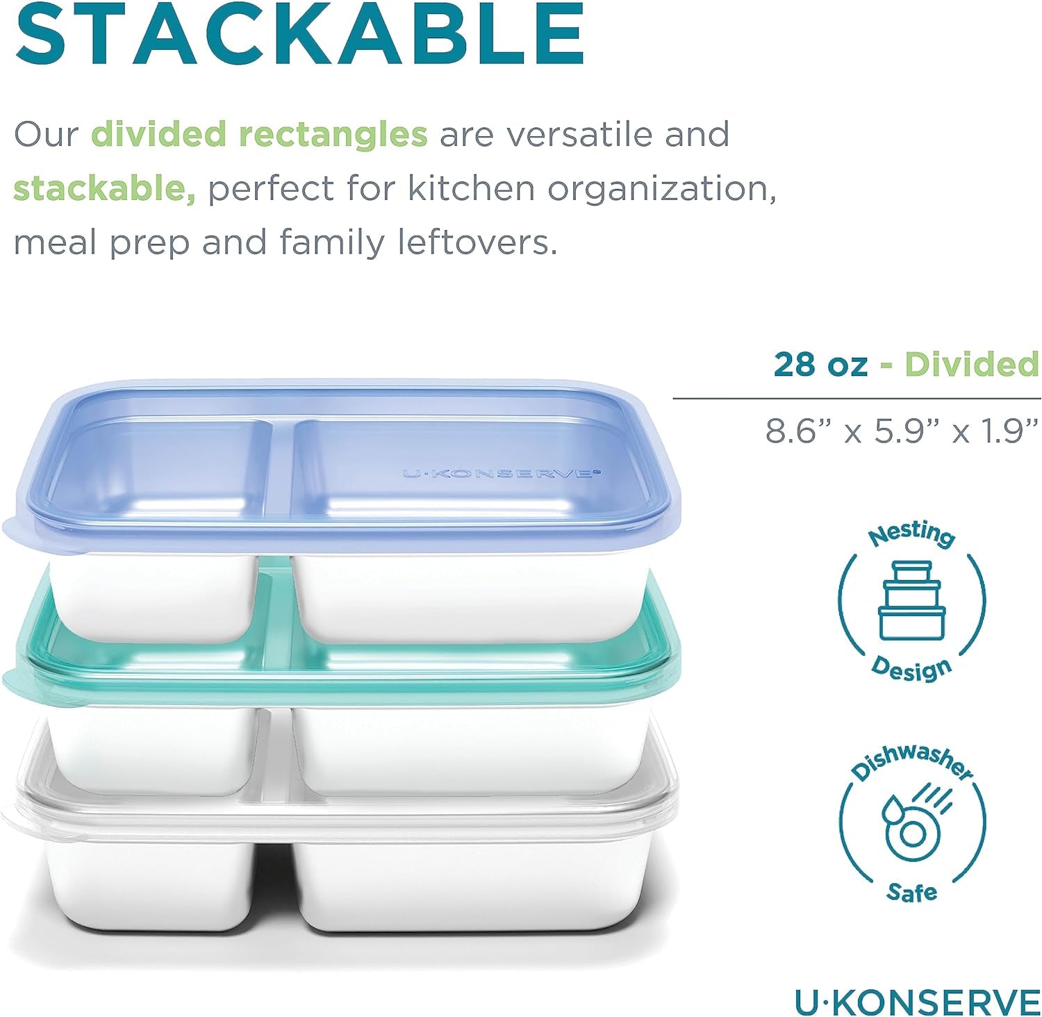 U Konserve - Récipient alimentaire rectangulaire divisé en acier inoxydable avec couvercle en silicone - Bleu sarcelle - Boîtes de conservation des aliments de 28 oz / 825 ml Naty Shop