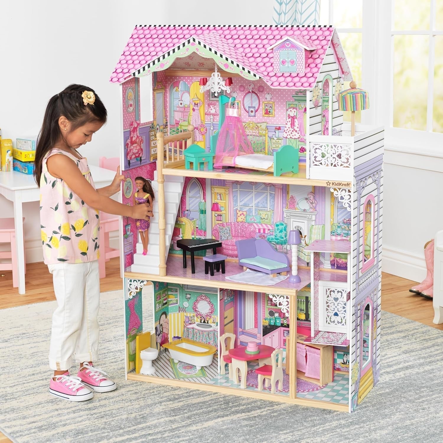 Kidkraft Annabelle Maison de poupée en bois avec meubles et accessoires Ascenseur et balcon pour poupées de 30 cm Jouet pour 3 ans 65934 Naty Shop Dollhouses