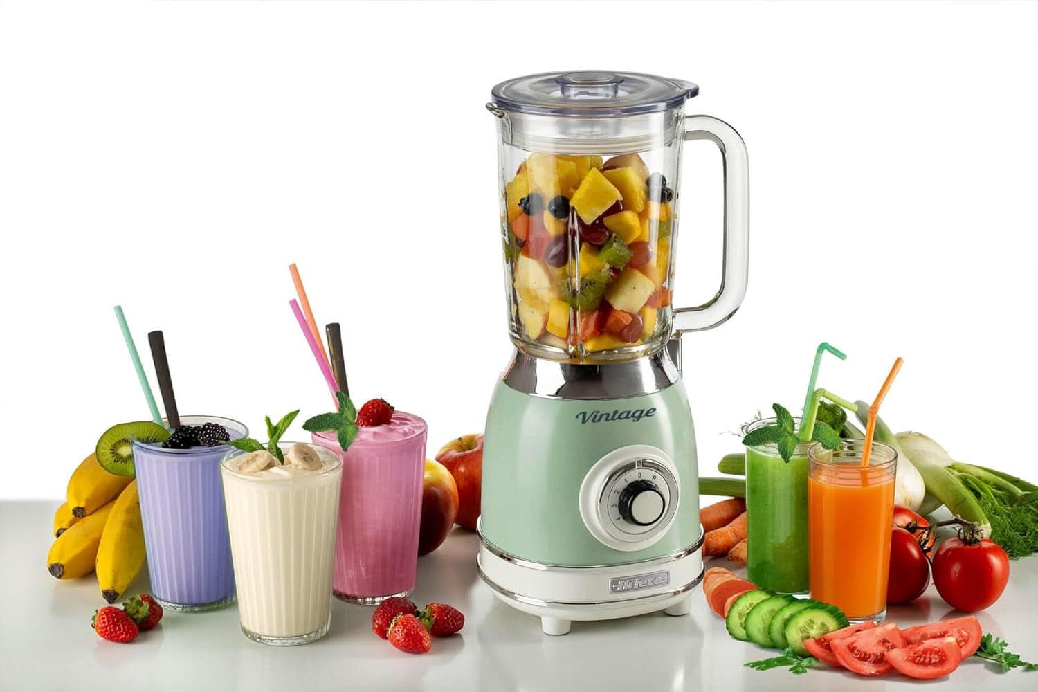 Ariete Vintage 583 Mixer Aus Glas, Retro Multifunktionsmixer Mit 4 Klingen, 4 Geschwindigkeiten + Pulse-Funktion, Ice-Crusher Function, 1,5 Liter Fassungsvermögen, 1000W, Green Kitchen Naty Shop