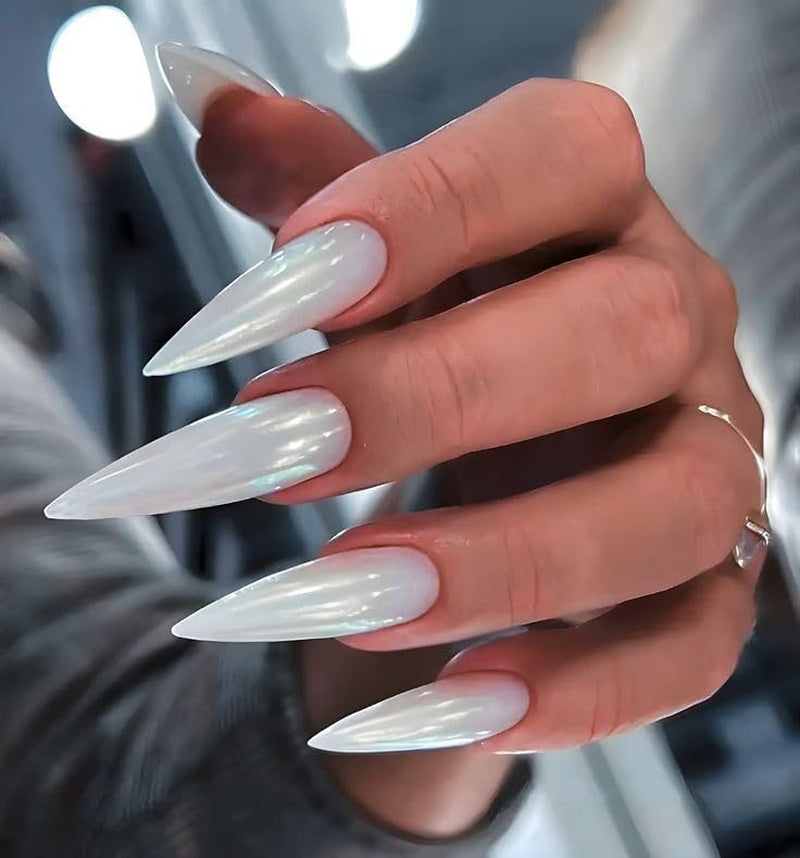 Moonglow longs ongles Stiletto laiteux blanc rose dégradé paillettes Cool faux ongles avec colle rose Ombre paillettes ongles artificiels