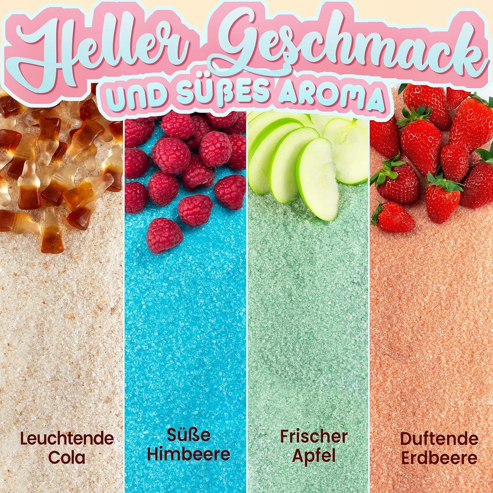 GREENDOSO® Barbe à papa pour machine à barbe à papa (4 x 320 grammes) - 4 parfums (fraise/cola/framboise/pomme) + 50 sticks - MADE in FRANCE Naty Shop