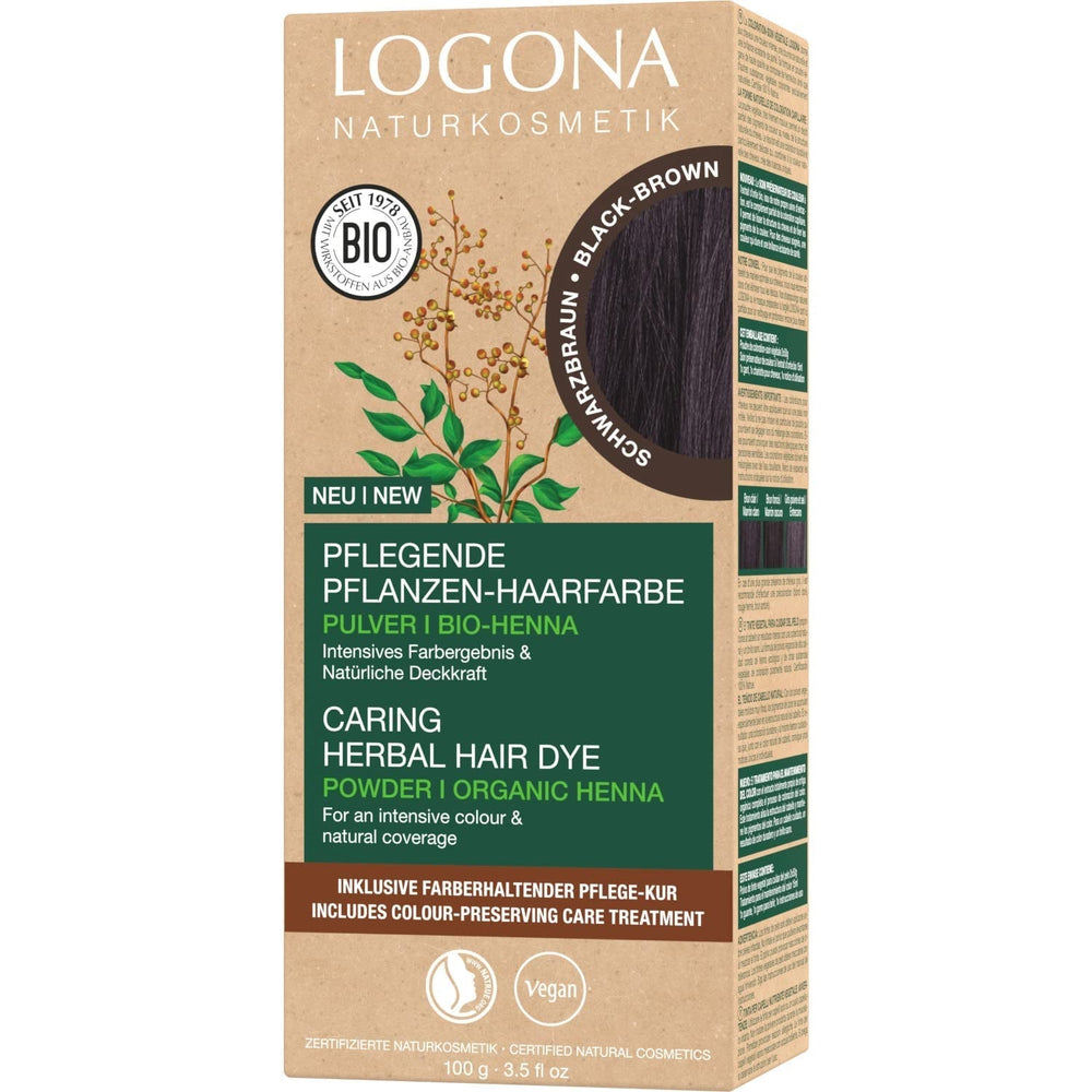 LOGONA Natural Cosmetics Teinture capillaire nourrissante à base de plantes, teinture capillaire végétalienne en poudre de henné biologique pour une couleur et une brillance intenses, teinture capillaire à base de plantes en blond cuivré (blond), 1 x 100 g Naty Shop Coloration capillaire noir-marron 100 g (1 paquet)
