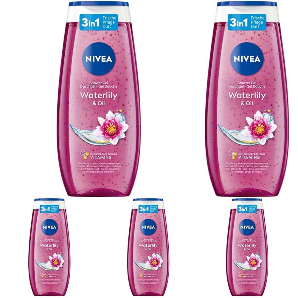 NIVEA Waterlily & Oil, Gel de duș cu parfum proaspăt de nufăr, pH neutru, 250 ml Duș și baie Naty Shop Set 5 x 250 ml Ulei de nufar - versiunea noua