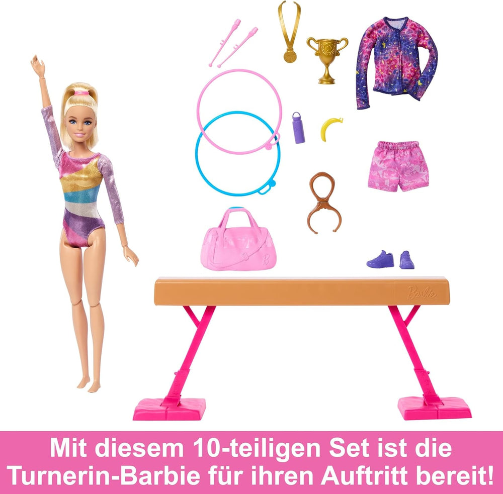 Set de joacă distractiv Barbie pentru gimnastică cu bârnă de echilibru și peste 10 piese tematice pentru povești câștigătoare, HRG52