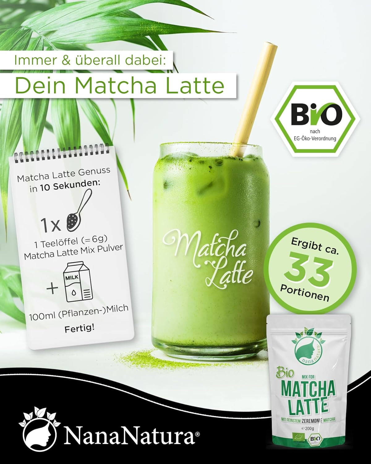 Mélange Bio Matcha Latte de Nananatura avec 22 % de poudre de thé vert de qualité cérémonielle du Japon | Pour un plaisir de thé simple et délicieux | Convient également pour les glaces et les pâtisseries