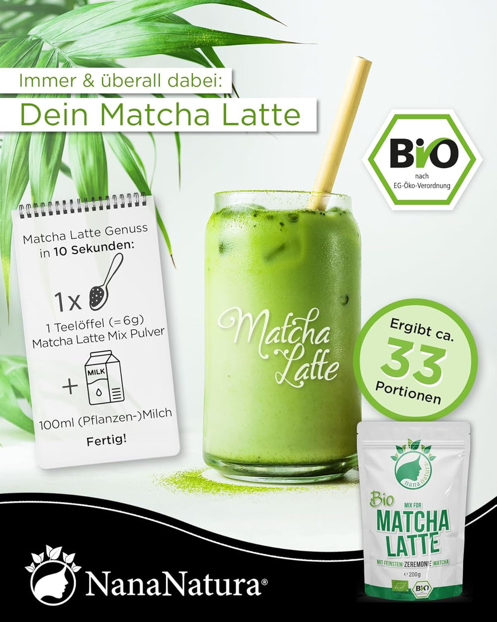 Mélange Bio Matcha Latte de Nananatura avec 22 % de poudre de thé vert de qualité cérémonielle du Japon | Pour un plaisir de thé simple et délicieux | Convient également pour les glaces et les pâtisseries