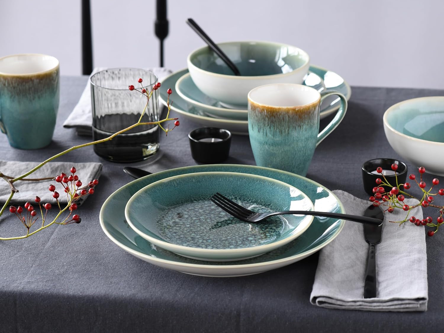 Creatable, série Caldera, service de table en grès allant au lave-vaisselle et au micro-ondes, fabrication de qualité (ensemble combiné vert 8 pièces)