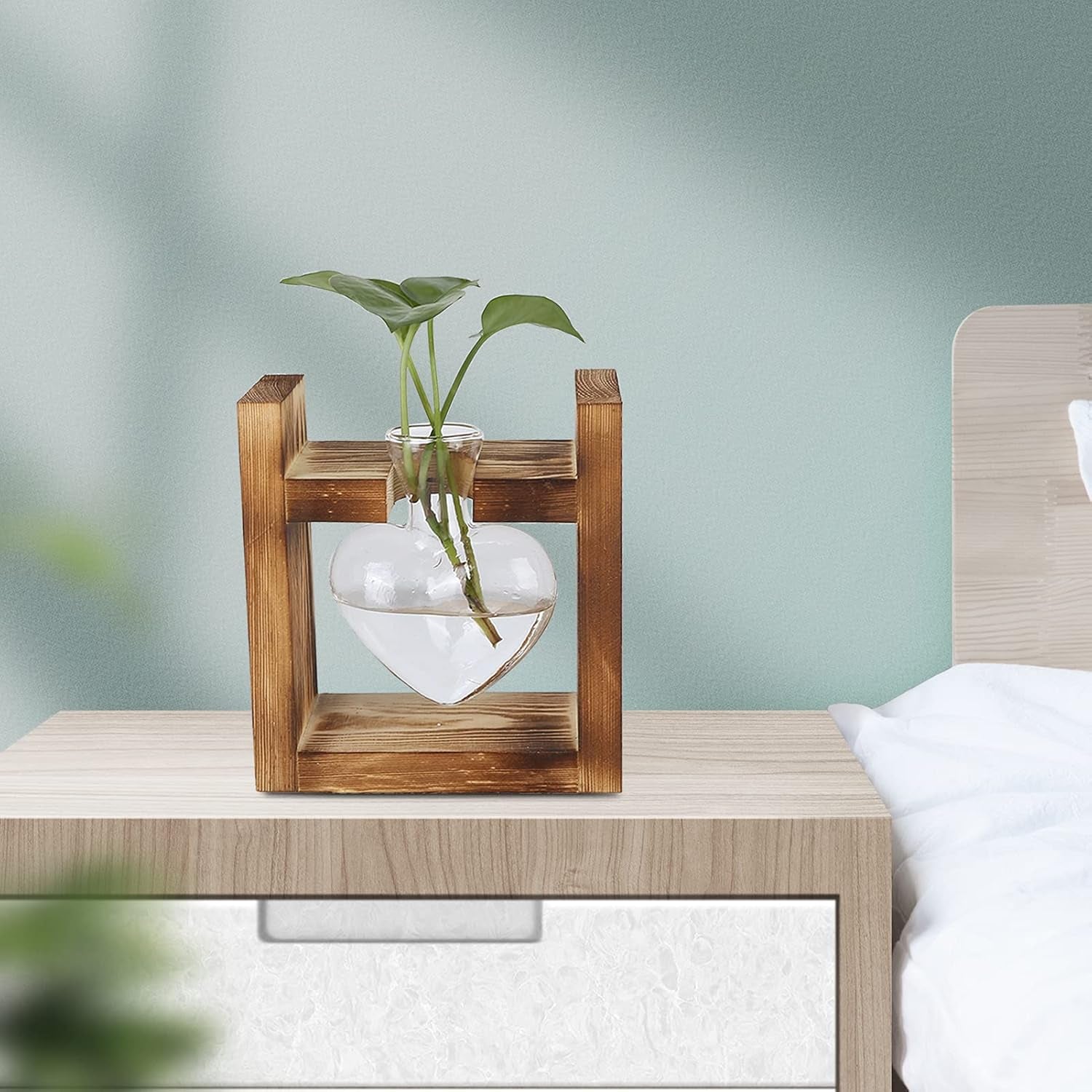 Terrarium de plantes sur support en bois, vase de table en forme de cœur, plantes hydroponiques en verre transparent pour la décoration de jardin de la maison, décoration florale hydroponique pour bureau, salon, cuisine (A)