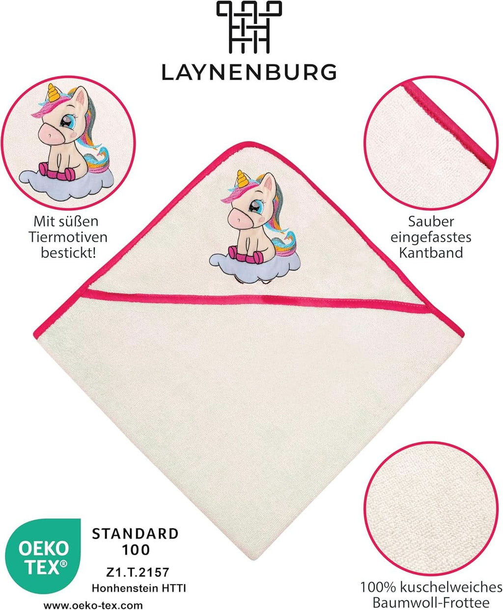 LAYNENBURG Prosop de baie cu glugă Premium Baby, 100% bumbac - Oeko TEX, 80 x 80 cm Mama si Copilul Naty Shop