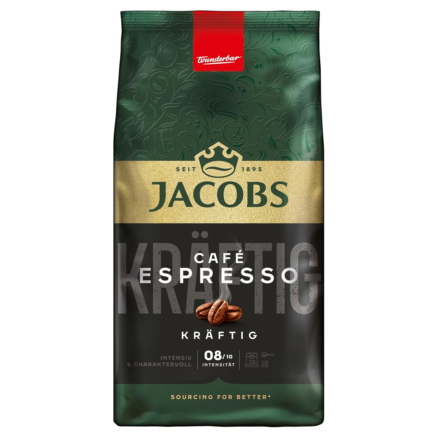 Jacobs Café Crema Gold Café en grains 1 kg – Vollmundig, Aromatisch, Notes fruitées, Arabica et Robusta, Intensité 5/10, Idéal pour Café Crema Naty Shop Espresso 1 kg