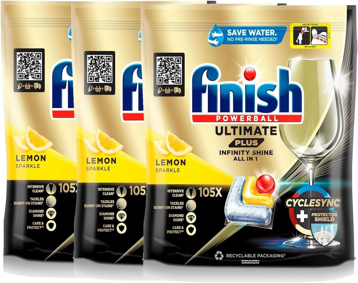 Pastilles pour lave-vaisselle Finish Ultimate plus Infinity Shine Citrus - Pastilles pour lave-vaisselle, nettoyage intensif - 105 capsules, citron Naty Shop Set 3 x 105 capsules