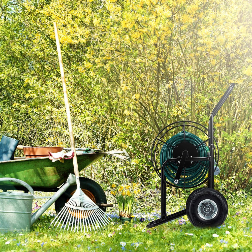 Dévidoir Relaxdays, enrouleur de tuyau mobile, raccord 1/2" et 3/4", tuyau jusqu'à 80 m, 2 roues, métal, noir