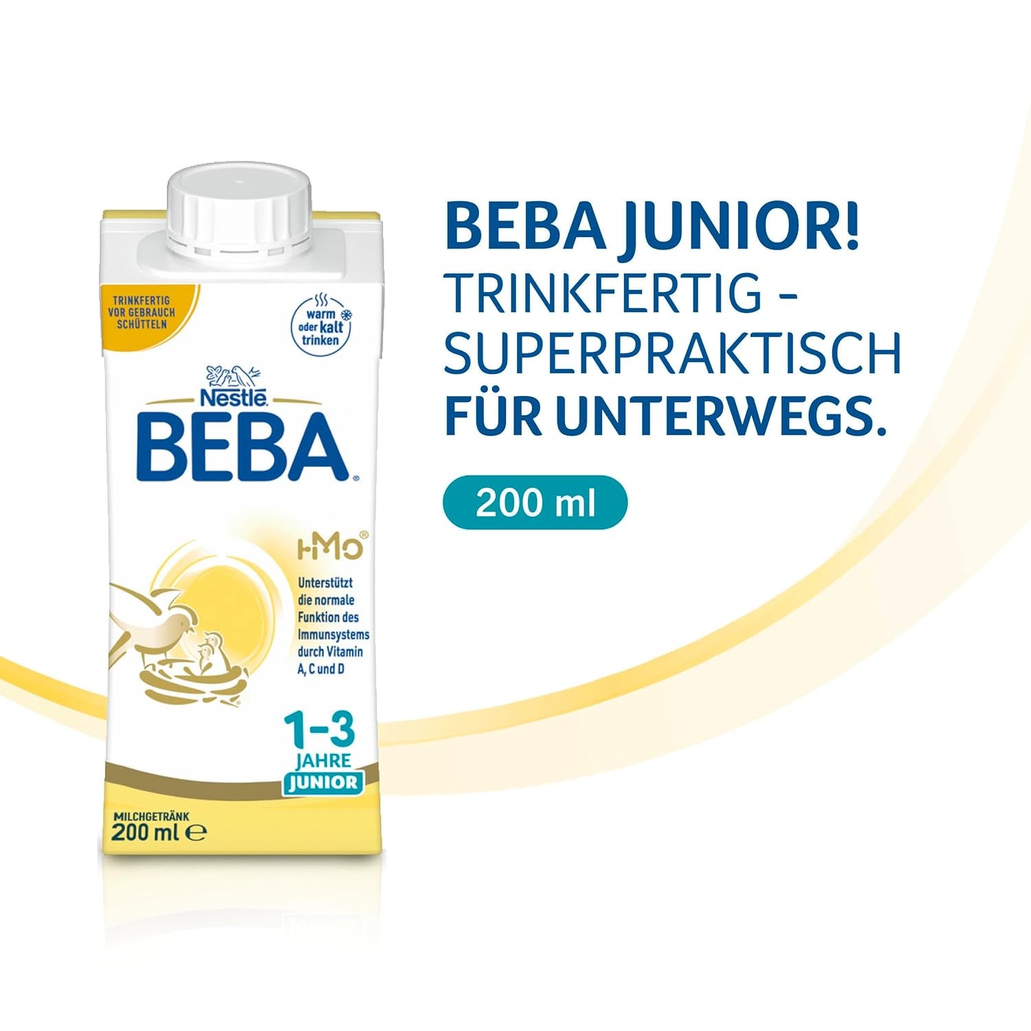 Băutură cu lapte gata de băut BEBA Junior 1-3 ani, cu HMO, conținut de proteine adecvat vârstei, fără ulei de palmier, fără ulei de pește, hrană pentru copii mici, pachet de 6 (6 x 200 ml)