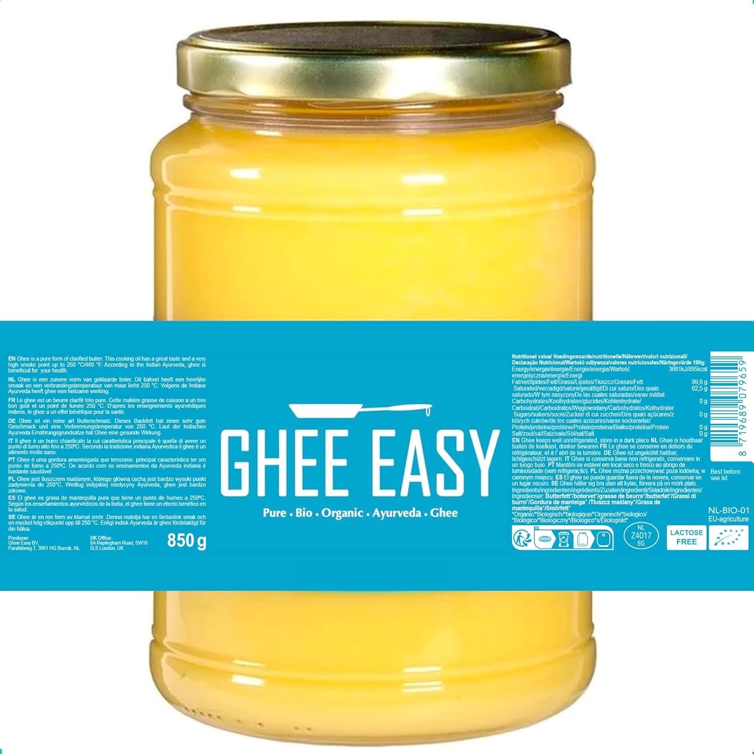 Ghee Easy 850g Ghee Bio von Grasgefütterten Kühen - Ghee Butter sans Zusatzstoffe - Certifié Organisch & Biologisch - Hochreines Ayurveda Ghee sans lactose et gluten - 100% Européen