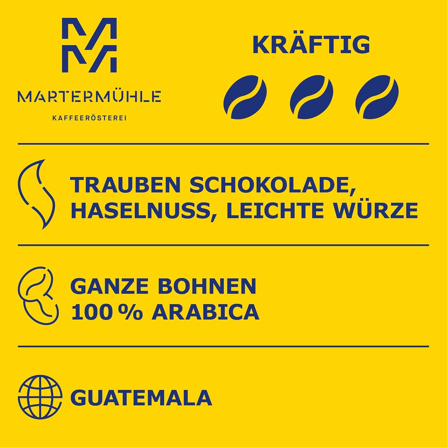 Café en grains Martermühle Guatemala 1kg fort | Arabe | Saveurs : Noisettes, Épices légères, Chocolat aux raisins | Grains de café entiers légèrement torréfiés, faible acidité
