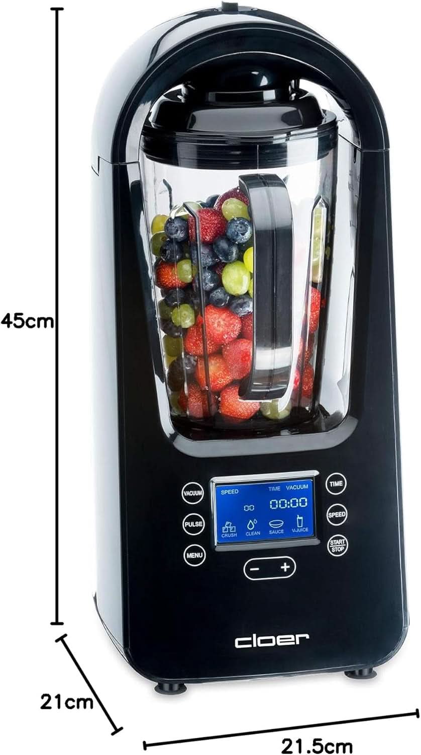 Batteur sur socle sous vide Cloer 6980 / 800 watts / 21 000 U/min. / Incl. Vorratsbehälter/Vakuumventil/Automatikprogramme/Eis-Crush-Funktion/Reinigungsfunktion/Schwarz, 1500 Millilitres Cuisine Naty Shop