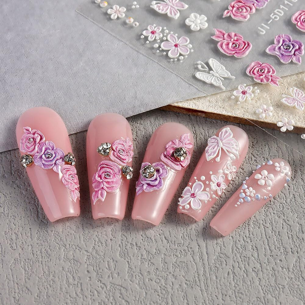 5D Fleurs Autocollantes Pour Ongles Feuilles De Feuilles Autocollantes Acryliques Feuilles Autocollantes Pour Ongles Schmetterling Feuilles De Fleurs Autocollants Pour Ongles Aufkleber Nägel Zubehör Flower Nail Art Stickers