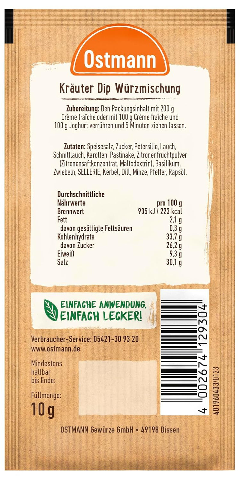 Ostmann Gewürze – Kräuter Dip, Gewürz aromatiques pour leckere Dips et Soßen zu Snacks, Chips, Brot, Fleisch, Gemüse et vielem more, 10 g