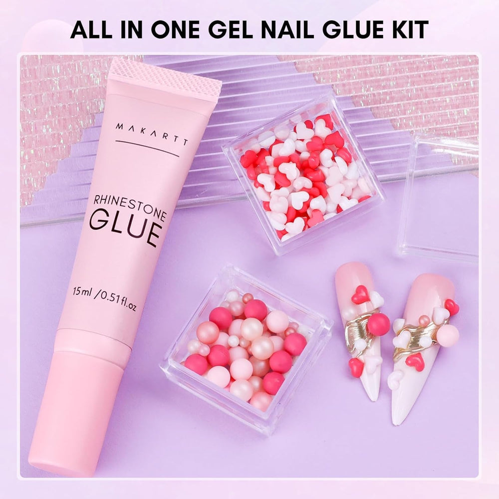 Makartt Gel adhésif pour strass – 15 ml de colle UV pour ongles avec breloques roses en forme de cœur, bijoux et accessoires de design d'ongles pour manucure à domicile, cadeau de Saint-Valentin
