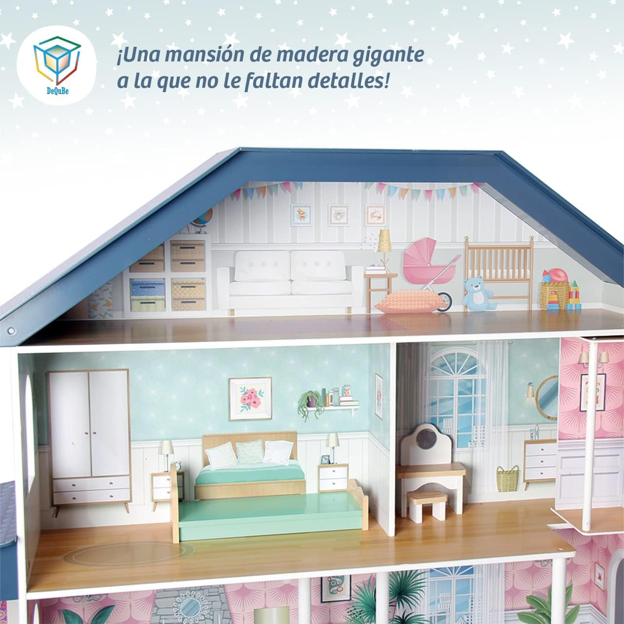 Casă de păpuși din lemn Deqube, 4 etaje, casă de păpuși cu decor diferit și îngrijit în fiecare cameră, cu 17 accesorii - Dimensiune 135 X 36 X 128 Cm (913D00016) Casute de papusi Naty Shop