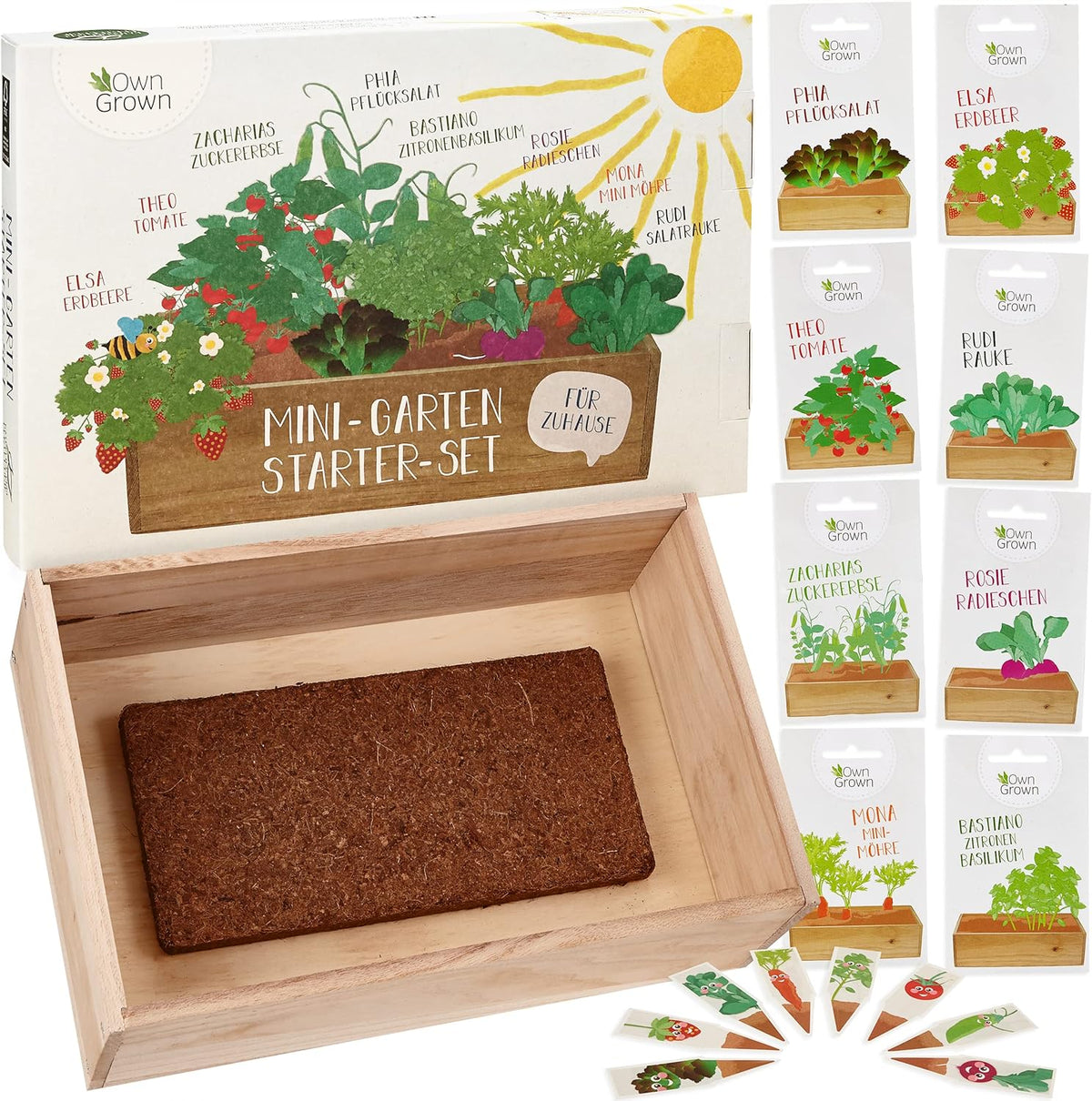 OwnGrown Kit de culture de graines avec boîte en bois et 8 variétés de graines de plantes : kit de culture de graines de légumes, de fraises et d'herbes pour enfants – Mini serre et mini kit de démarrage de jardin par OwnGrown