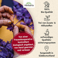 Herbaria Safran-Fäden bio 0,5g im Glas – Bio Safran-Fäden aus dem bereicht Safran-Ort Taliouine in Marokko – Safranfäden in Premium Bio-Qualität – Saffron Premium - Safran première catégorie
