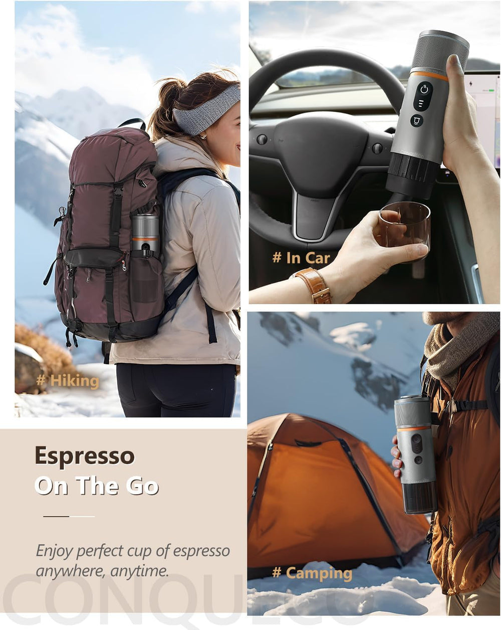 Machine à expresso de voiture CONQUECO 12 V : machine à expresso portable avec batterie pour le camping et les voyages – Chauffage rapide en 2,5 minutes – 8 tasses à expresso en une seule charge