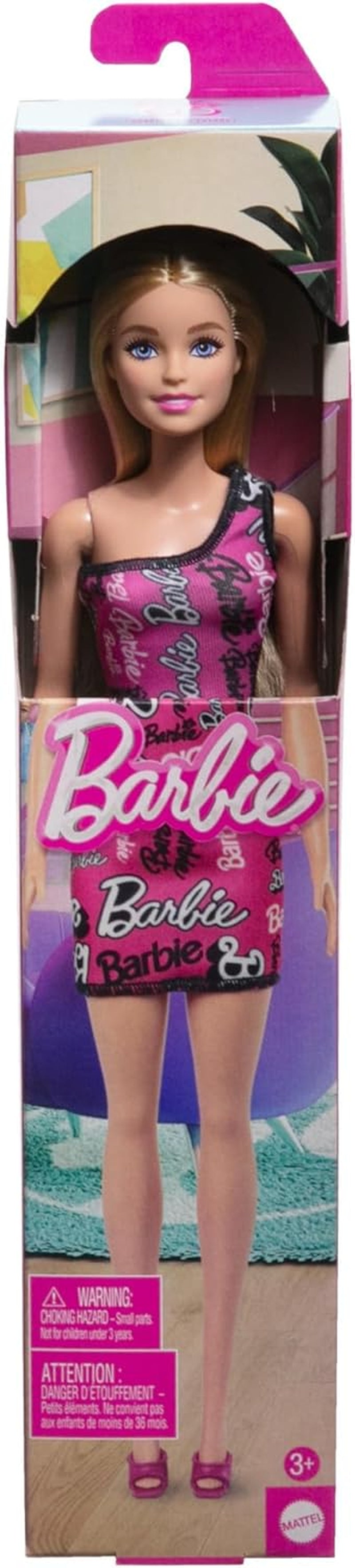 Păpușă Barbie Fashion cu păr blond drept într-o rochie extensibilă roz cu un umăr și pantofi cu logo imprimat, HRH07 Papusi Naty Shop