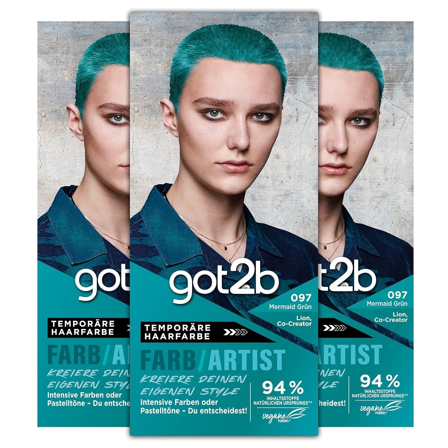 got2b Colour/Artist 097 Mermaid Green Niveau 2 (3x 80 ml), teinture capillaire temporaire fait briller les cheveux dans des couleurs intenses ou des tons pastel, la teinture capillaire dure 12-15 lavages, formule végétalienne Teinture capillaire Naty Shop 097 Mermaid Green
