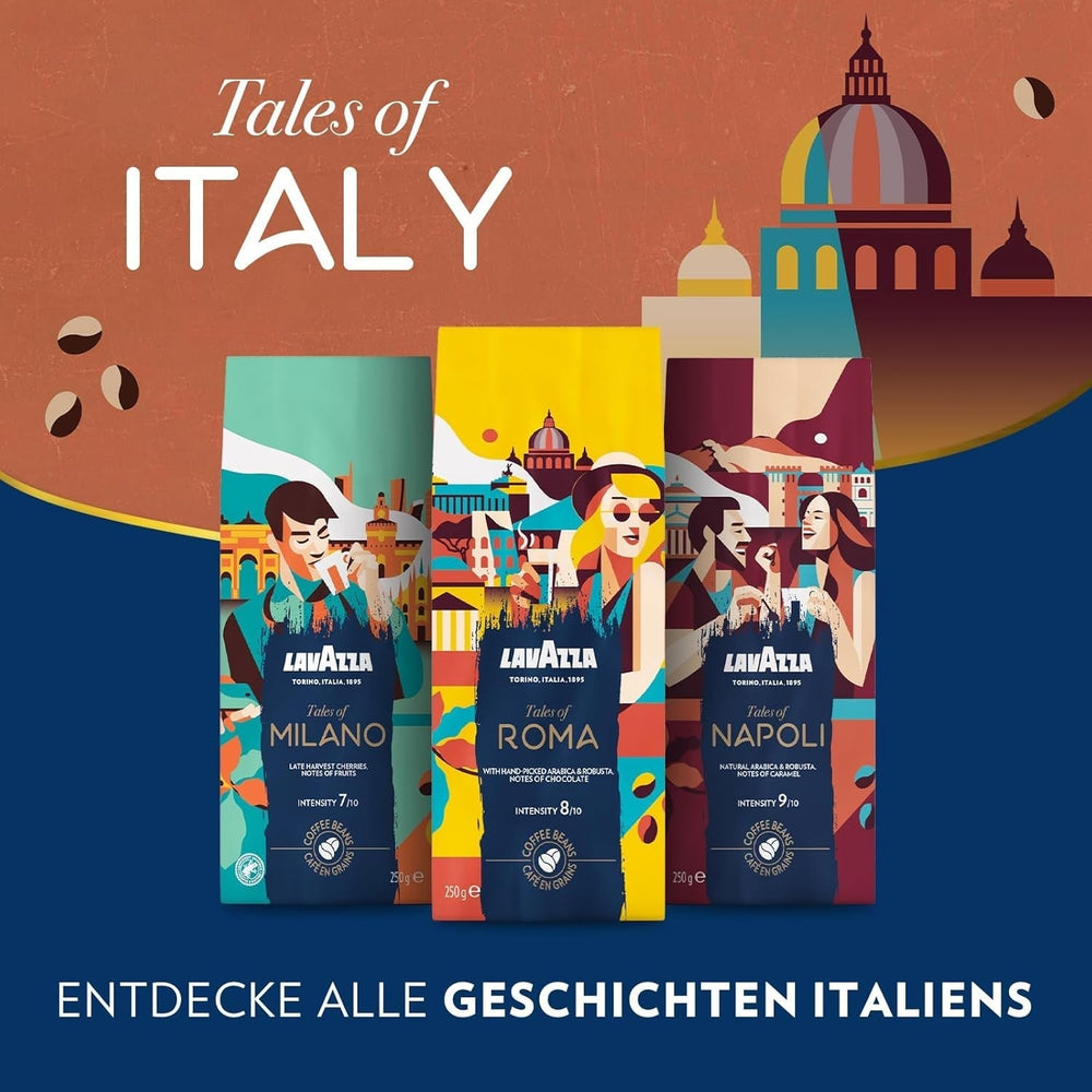 Lavazza, Tales of Roma, grains de café, idéal pour les machines à café Espresso, avec des notes aromatiques de noisette et de chocolat noir, Arabica et Robusta, 250 grammes Café Naty Shop