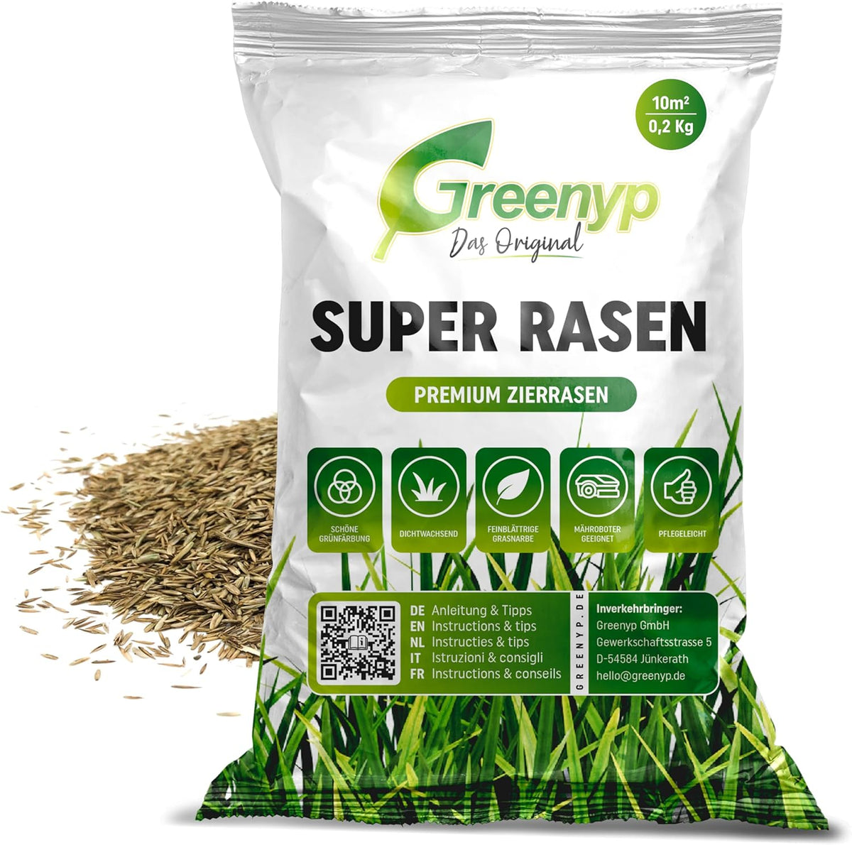 Greenyp® Super Rasen I Sattgrüner Premium Zierrasen Nachsaat I Traumrasen Grassamen Rasensamen Rasensaat Gras Besonders Schnellkeimend 0,2Kg Für 10M²
