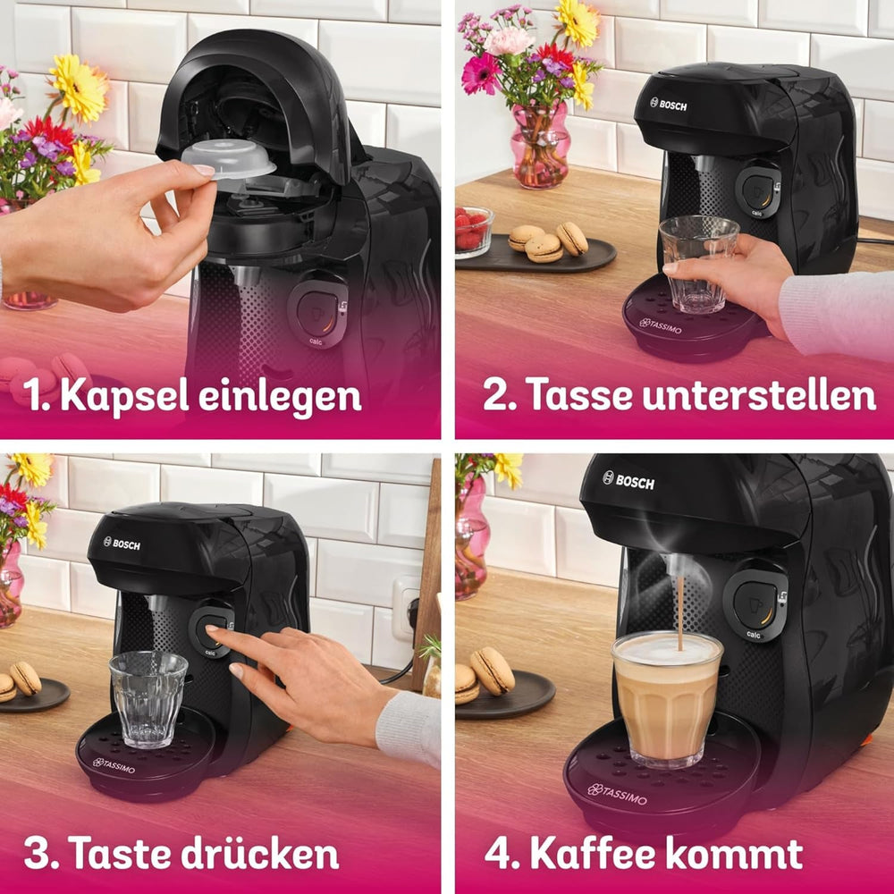 Bosch Tassimo Happy Friendly TAS102E Machine à expresso à capsules, plus de 70 boissons, convient à toutes les tasses, arrêt automatique, durable, dosage parfait, peu encombrant, 1400 W, noir