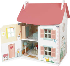 Janod - Ma première maison de poupée en bois - 10 accessoires - Meubles de poupée - Portes magnétiques et toit amovible - Jouet en bois certifié FSC - 3 ans et plus