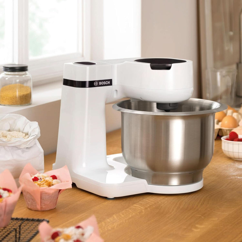 Bosch Küchenmaschine Serie 2 MUMS2EW00, Edelstahl-Schüssel 3.8 L, Planetenrührwerk, Knethaken, Schlag-, Rührbesen Edelstahl, 4 Arbeitsstufen, DurchOptiones Zubehör Erweiterbar, 700W, Weiß Kitchen Naty Shop
