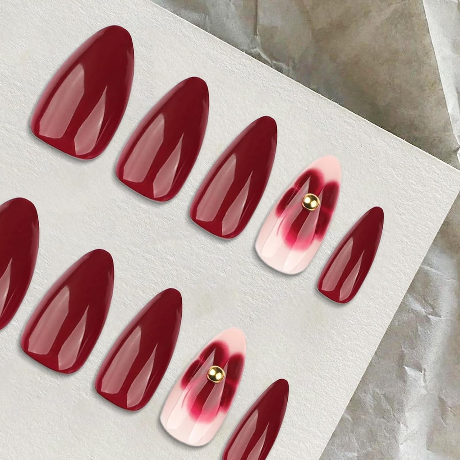 24 fleurs bordeaux avec armure de diamant, presse sur ongles, colle sur ongles artificiels, ensemble de pointes d’ongles