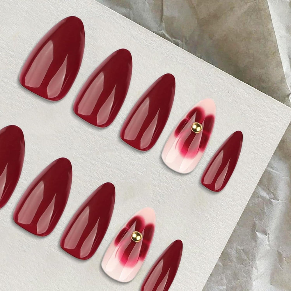24 fleurs bordeaux avec armure de diamant, presse sur ongles, colle sur ongles artificiels, ensemble de pointes d’ongles