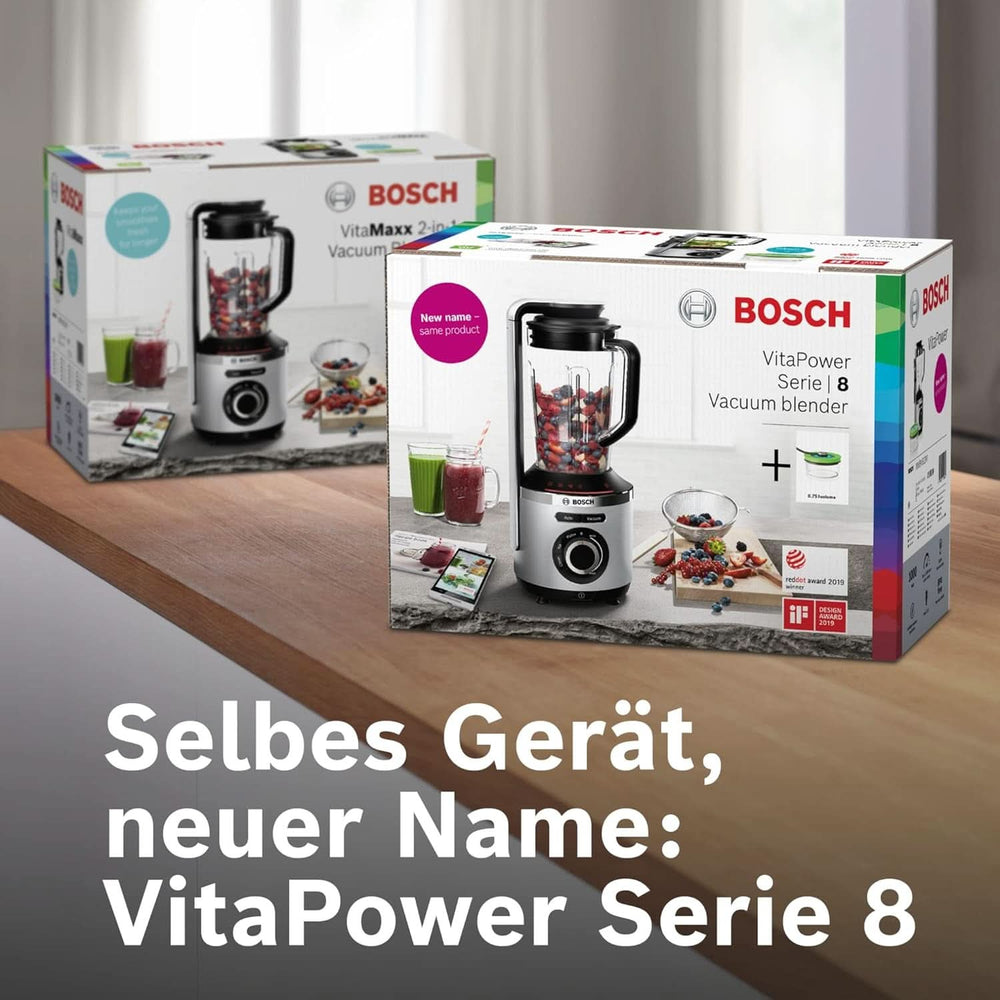 Bosch Vakuum-Standmixer Vitapower Series 8 MMBV621M, Starke Mixleistung, Vitaminschonende Zubereitung, 4 Automatikprogramme, Vakuum-Togo Flasche, 37 000 U/Min, 1000 W, Silver Mother and Child Naty Shop