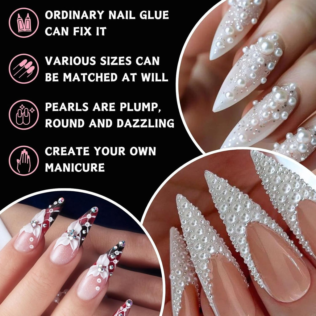 12 Größen Nail Art Perlen, Flache Perlen, Nail Art Accessoires, Halbkreis Nagelperlen, Weiße Nail Charms Und Glitzersteine Nägel Für Nail Art Design, DIY Basteln, Alltag, Hochzeit (2 Boxen)