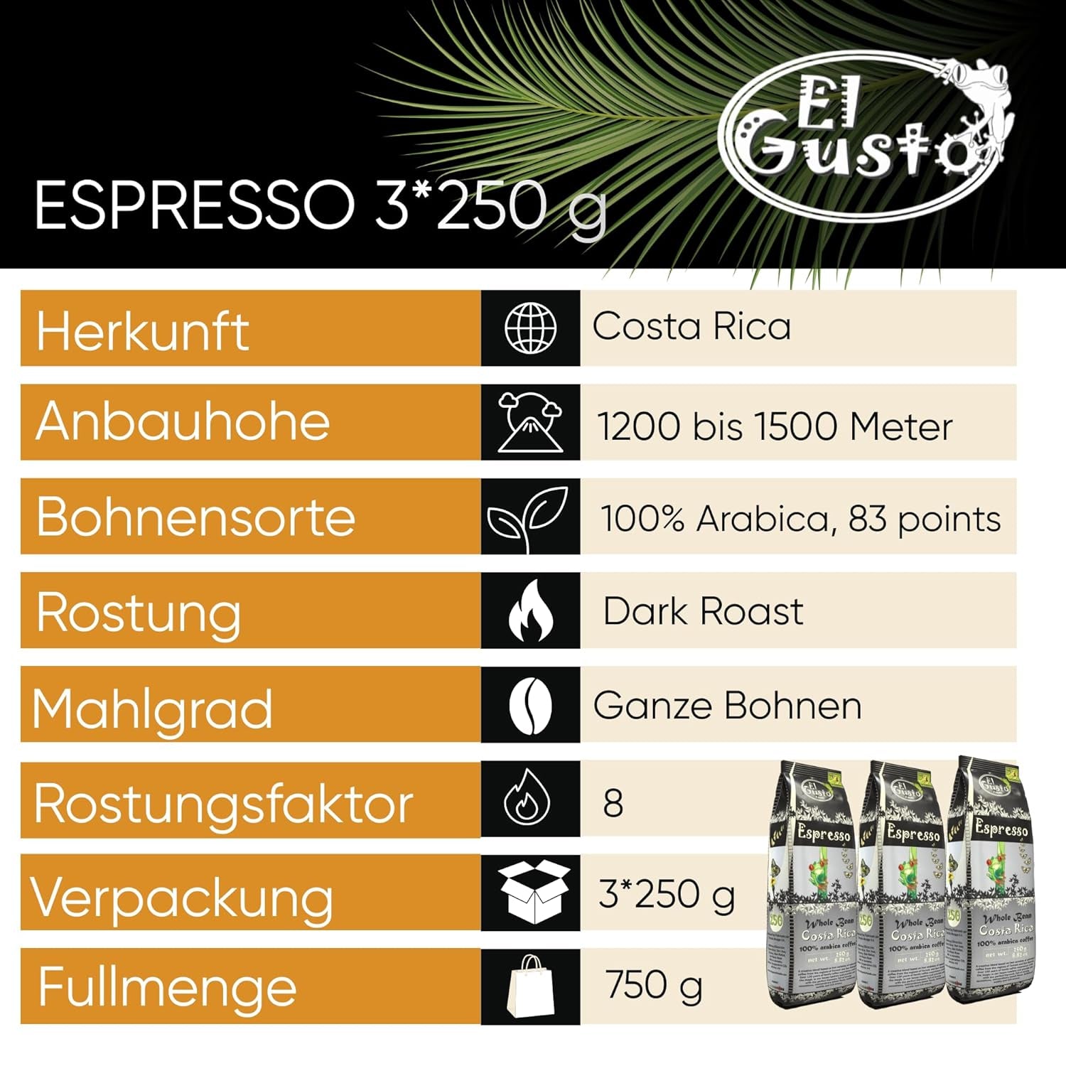 El Gusto Espresso Kaffee aus Ganzen Bohnen au Costa Rica, Dunkel Geröstet, Creative Mischung, 100% Arabica, Frischer Gourmet-Kaffee 3er Pack