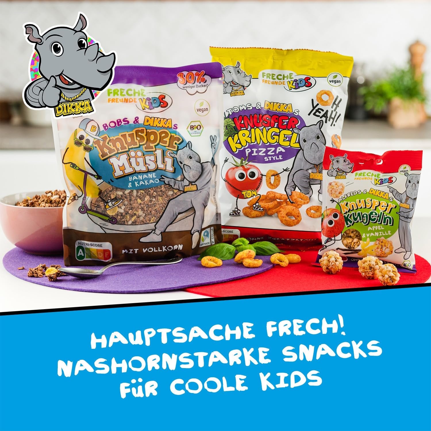 FRECHE FREUNDE KIDS, Bobs & DIKKAs Muesli crocant cu banană și cacao, muesli crocant cu ciocolată pentru copii, conținut scăzut de zahăr, fără aditivi, 100% vegan, 6 bucăți (6 x 280g)