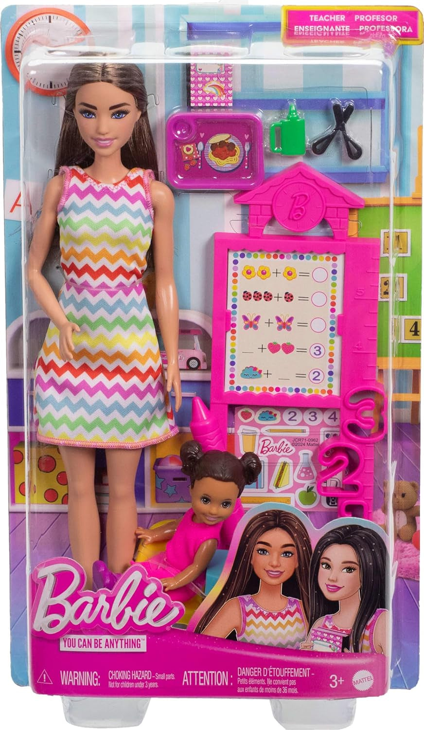 Păpușă Barbie profesoară cu păpușă de modă brunetă cu rochie cu model, 1 păpușă Toddler și accesorii pentru clasă, JCR76 Papusi Naty Shop