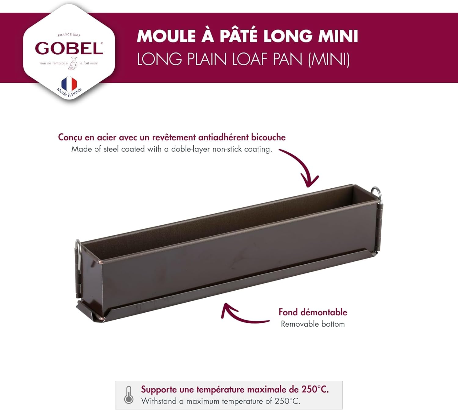 | Pâtétenform Lang | Glatt (Mini) | Anti-haftbeschichte | Moule à charnière | Hebeboden | 30x4x6 cm | Pour les pâtes et les aliments | Bis 250°C Geeignet