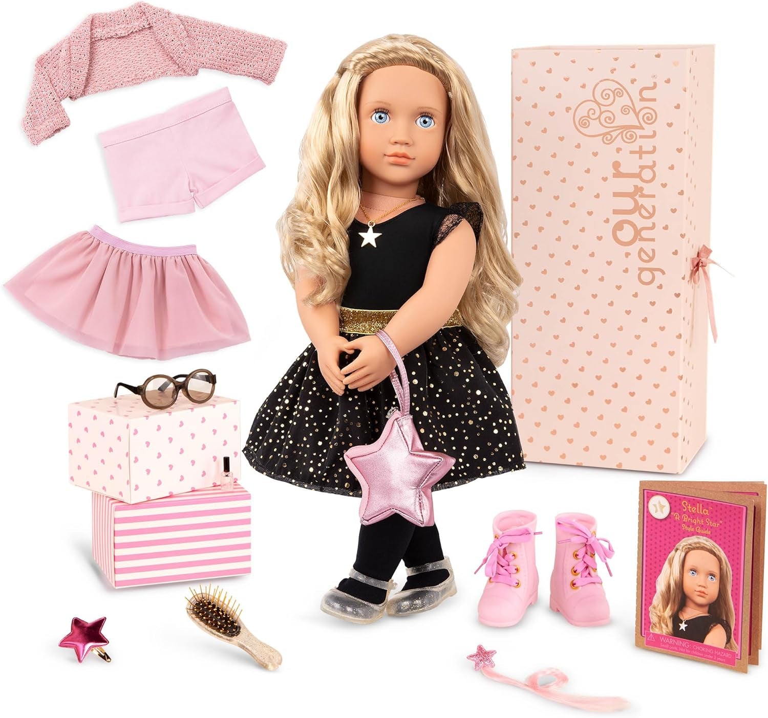 Our Generation - Stella - 46 cm Starry Fashion Starter Puppe - Blondes Haar und helle, himmelblaue Augen - 3 Outfits & Styling-Accessoires in Geschenkbox - Spielzeug für Kinder ab 3 Jahren