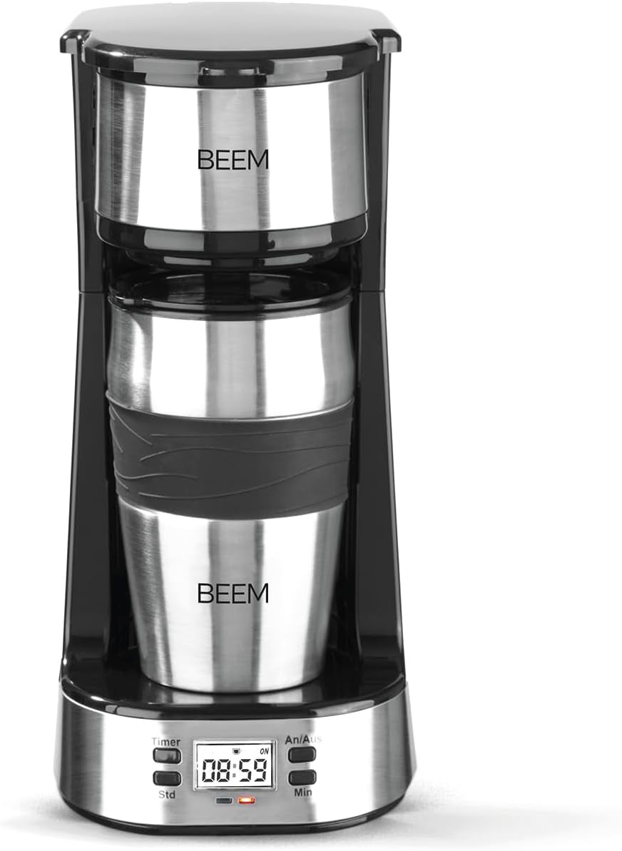 Machine à expresso monofiltre BEEM THERMO 2 GO avec tasse thermique de 0,4 l | Filtre permanent | Avec minuterie de 24 heures pour une tasse de café chaud le matin, pas d'attente | 750 W
