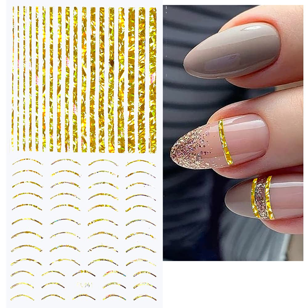 12 feuilles d'autocollants pour ongles auto-adhésifs lignes pailletées laser autocollants holographiques rayures bronze autocollants pour ongles ligne française arcs incurvés lignes ondulées autocollants pour ongles accessoires de nail art