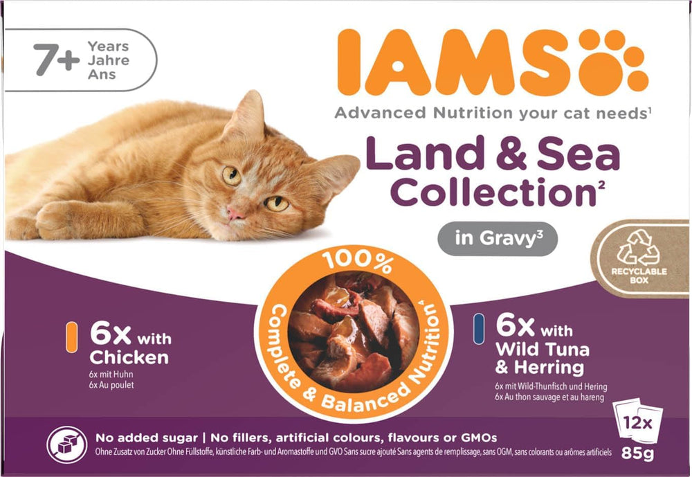 IAMS Delights Hrană umedă pentru pisici senior - Pachet multiplu cu pui și pește în sos, hrană umedă de înaltă calitate pentru pisici mai în vârstă de la 7 ani, 12 x 85 g