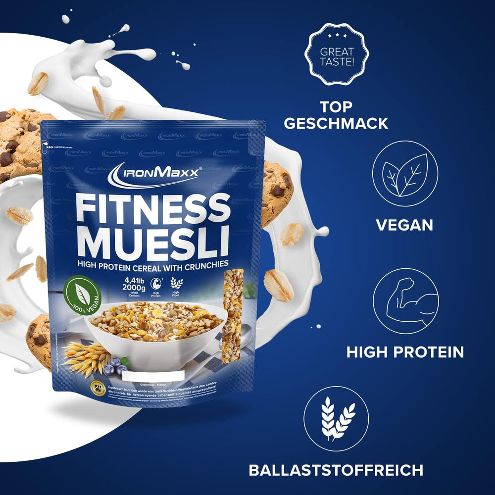 IronMaxx Fitness Muesli - Biscuits et crème, sac de 2 kg | Muesli végétalien riche en protéines et croustillant | Faible en sucre et riche en fibres